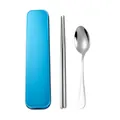 Portable stainless steel spoon and chopsticks set with a sleek blue storage case. - Chopsticks + Spoon + Blue Case