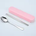 Portable stainless steel cutlery set with spoon and chopsticks in pink storage box - Spoon and Chopsticks Set / Drawer Box / Pink