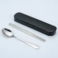 Portable stainless steel cutlery set with spoon, chopsticks and black storage case. - Spoon and Chopsticks Set / Drawer Box / Black