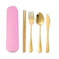 Elegant golden stainless steel portable cutlery set with pink storage case for travel - Chopsticks and Spoon / Sliding Box (Pink)