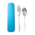 Portable stainless steel cutlery set including spoon and fork with a blue storage case - Fork + Spoon + Blue Case