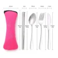 Portable stainless steel cutlery set with pink pouch for travel, outdoor dining use - Pink