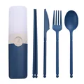 Portable wheat straw cutlery set with spoon, fork, knife, and chopsticks in navy blue - 5 Pieces Pack / Blue