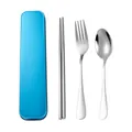 Portable 3-piece stainless steel cutlery set including spoon fork and chopsticks with blue case - Chopsticks + Spoon + Fork + Blue Case