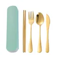 Portable gold stainless steel cutlery set with fork spoon knife and mint green case - Chopsticks and Spoon / Sliding Box (Green)