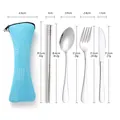 Outdoor portable stainless steel cutlery set in blue pouch with product dimensions - Blue