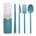Portable teal wheat straw cutlery set with storage case for camping and travel use - 5 Pieces Pack / Green