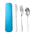 Portable stainless steel cutlery set with blue metal storage box for travel and work - Knife + Fork + Spoon + Blue Case
