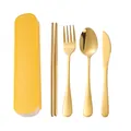 Premium portable 4-piece gold stainless steel cutlery set with yellow storage case. - Chopsticks and Spoon / Sliding Box (Yellow)