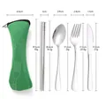 Portable stainless steel cutlery set with green pouch: fork, spoon, knife, and chopsticks - Green