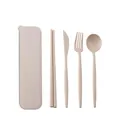 Eco-friendly wheat straw cutlery set with fork spoon knife and chopsticks in beige - Storage Box Set / Without Paper Outer Box / Beige