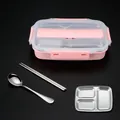 Pink 3-compartment 304 stainless steel bento box set including spoon and chopsticks - 3-Compartment (Transparent Lid) / Pink
