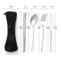 Portable stainless steel cutlery set with black pouch showing dimensions and weights - Black