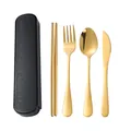 Portable golden stainless steel travel cutlery set with black storage case for outdoor - Sliding Box (Black)