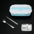 3-Compartment 304 stainless steel bento box set in light blue with spoon and chopsticks - 3-Compartment (White Lid) / Blue