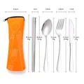 Portable stainless steel travel cutlery set with dimensions and orange storage pouch - Orange