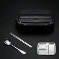 Black 304 stainless steel bento box set with divided tray, spoon, and chopsticks - 3 Compartments / Black