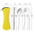 Portable stainless steel cutlery set with yellow storage bag and weight specifications. - Yellow