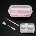 Pink 304 stainless steel divided bento box set including spoon and chopsticks for kids - 4-Compartment (Transparent Lid) / Pink