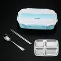 Light blue 304 stainless steel bento lunch box set with tray, spoon and chopsticks - 4-Compartment (White Lid) / Blue