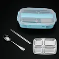 Blue 304 stainless steel partitioned bento box set with matching spoon and chopsticks - 4-Compartment (Transparent Lid) / Blue