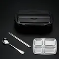 Portable black 4-compartment 304 stainless steel lunch box set with matching cutlery - 4 Compartments / Black