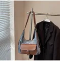 Large grey canvas hobo bag with brown leather front pocket for women - Blue