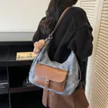 Large washed blue canvas shoulder bag with brown leather pocket and cute bear charm - With Pendant / Blue