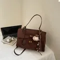 Retro dark brown matte suede shoulder bag with plush charm for commuter style - With Charm / L / Coffee
