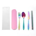 Iridescent rainbow stainless steel cutlery set with a portable pink travel storage case - Chopsticks Spoon Box Bag / AB Color