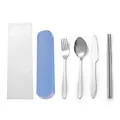 Portable stainless steel cutlery set with blue case and plastic sleeve - Chopsticks Spoon Box Bag / Silver