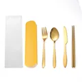 Portable gold stainless steel cutlery set with knife, fork, spoon, chopsticks, and yellow case - Chopsticks Spoon Box Bag / Gold