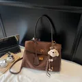 Elegant brown frosted suede retro handbag with cute teddy bear charm for autumn winter - With Charm / S / Coffee