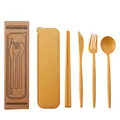 Portable 4-piece wheat straw cutlery set with storage box in ochre yellow finish - With Outer Paper Box / Yellow