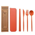 Portable orange wheat straw cutlery set with fork, knife, spoon, chopsticks and box - With Outer Paper Box / Orange
