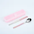 Portable pink stainless steel cutlery set with travel case for school or office lunches. - Pink Silver