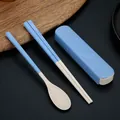 Draagbare bestekset van tarwestro inclusief lepel en eetstokjes met reisetui in blauw - Eetstokjes Lepel Set / Noords Blauw