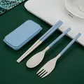 Draagbare milieuvriendelijke bestekset van tarwestro met lepel vork en blauw etui - Blauw