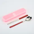 Portable red stainless steel spoon and chopsticks cutlery set with pink storage case - 2-Piece Set (Spoon and Chopsticks) / Red Silver/Pink Box