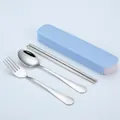Portable stainless steel cutlery set with blue storage box including spoon fork chopsticks - Style 1010 / 3-Piece Set (Nordic Blue Box)