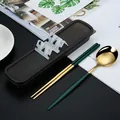 Portable stainless steel flatware set with green and gold finish in black storage box. - Two-Piece Set (410 Green Gold) / Green Gold