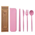 Portable pink wheat straw cutlery set with 4-piece utensils and storage case - With Outer Paper Box / Pink