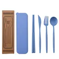 Eco-friendly blue wheat straw cutlery set with storage box, fork, spoon, knife, chopsticks - With Outer Paper Box / Light Blue