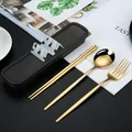 Gold stainless steel 3-piece cutlery set with spoon, fork, chopsticks, and black case. - Three-Piece Set (410 Gold) / Gold
