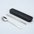 Portable stainless steel spoon and chopsticks set with a sleek black travel case for dining. - Smile Face 2-Piece Set / 2-Piece Set (Black Box) / Black