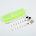 Portable 3-piece stainless steel cutlery set featuring a vibrant neon green travel case. - 3-Piece Set (Spoon, Fork, and Chopsticks) / Silver Handle/Green Box