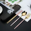 Portable 304 stainless steel cutlery set with pink and gold finish in black storage box - Three-Piece Set (410 Pink Gold) / Pink Gold