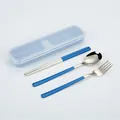 Korean-style blue 304 stainless steel spoon fork chopsticks set with portable travel box - 3-Piece Set (Spoon, Fork, and Chopsticks) / Blue Silver/Blue Box