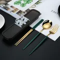 Portable 304 stainless steel cutlery set in dark green and gold finish elegant - Three-Piece Set (410 Green Gold) / Green Gold