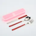 Portable red handle stainless steel cutlery set with pink travel case - 3-Piece Set (Spoon, Fork, and Chopsticks) / Red Silver/Pink Box